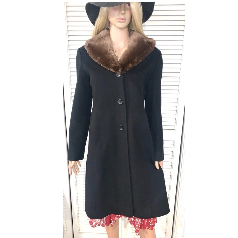 Vintage Black Merino Wool coat with brown faux fur Saks fifth Ave Women’s size 6 - Picture 2 of 14